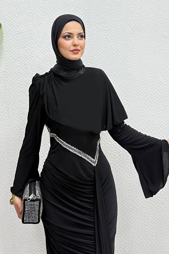 moda selvim Evening Dress 4724ALGK1170 Black - Thumbnail