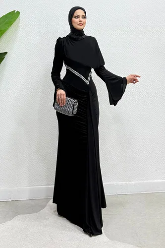 moda selvim فستان سهرة أسود 4724ALGK1170 - Thumbnail