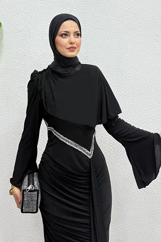 moda selvim فستان سهرة أسود 4724ALGK1170 - Thumbnail