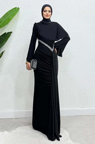 moda selvim فستان سهرة أسود 4724ALGK1170 - Thumbnail