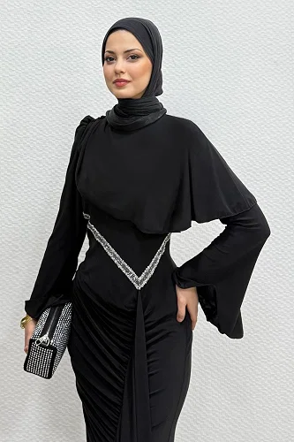 moda selvim فستان سهرة أسود 4724ALGK1170 - Thumbnail