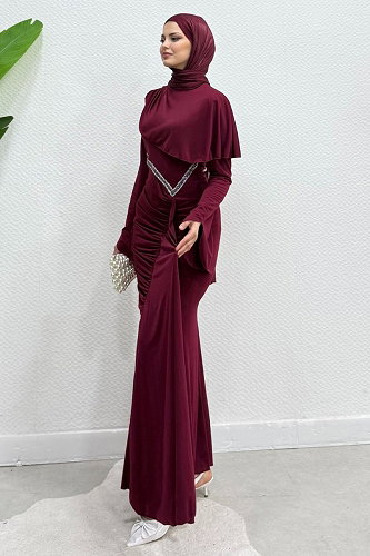 moda selvim Evening Dress 4724ALGK1170 Burgundy - Thumbnail