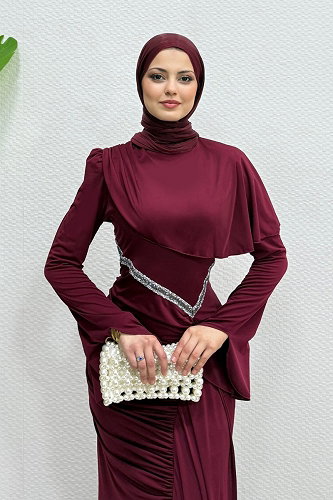 moda selvim Evening Dress 4724ALGK1170 Burgundy - Thumbnail