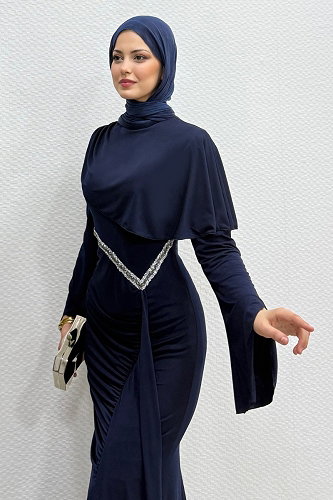 moda selvim فستان سهرة كحلي 4724ALGK1170 - Thumbnail