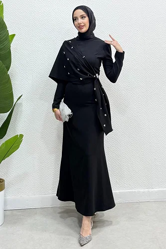 moda selvim فستان سهرة أسود 4725ALGK1170 - Thumbnail