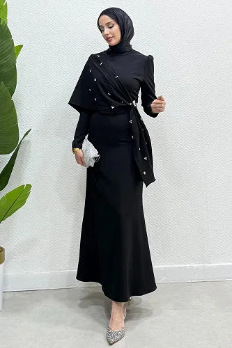 moda selvim فستان سهرة أسود 4725ALGK1170 - Thumbnail