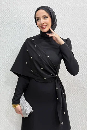 moda selvim فستان سهرة أسود 4725ALGK1170 - Thumbnail