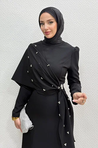 moda selvim فستان سهرة أسود 4725ALGK1170 - Thumbnail