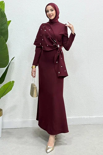 moda selvim Evening Dress 4725ALGK1170 Burgundy - Thumbnail