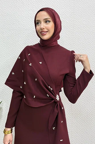 moda selvim Evening Dress 4725ALGK1170 Burgundy - Thumbnail