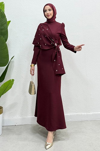 moda selvim فستان سهرة خمري 4725ALGK1170 - Thumbnail