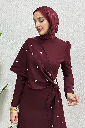 moda selvim فستان سهرة خمري 4725ALGK1170 - Thumbnail