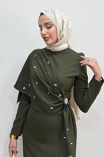 moda selvim فستان سهرة أخضر عفني غامق 4725ALGK1170 - Thumbnail