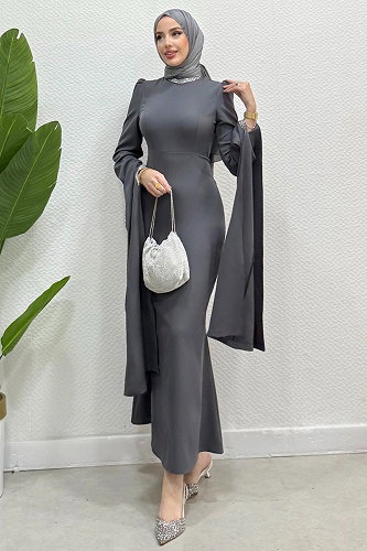 moda selvim Evening Dress 4728ALGK1170 Anthracite - Thumbnail