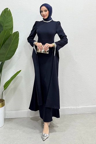 moda selvim Evening Dress 4728ALGK1170 Navy Blue - Thumbnail
