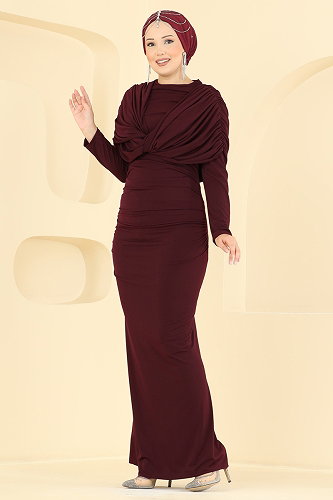 moda selvim Evening Dress 4736ALGK1170 Burgundy - Thumbnail