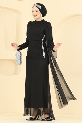 moda selvim Evening Dress 4738ALGK1170 Black - Thumbnail