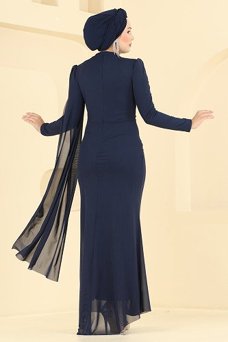 moda selvim Evening Dress 4738ALGK1170 Navy Blue - Thumbnail