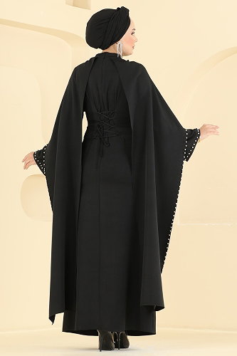 moda selvim فستان سهرة أسود 4750ALGK1170 - Thumbnail