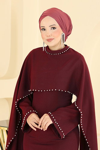 moda selvim Evening Dress 4750ALGK1170 Burgundy - Thumbnail