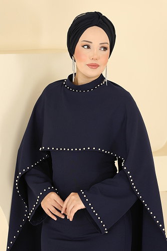 moda selvim فستان سهرة كحلي 4750ALGK1170 - Thumbnail