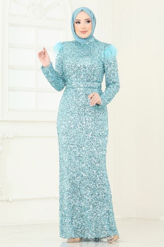 moda selvim Evening Dress 4762D170 Turquoise - Thumbnail
