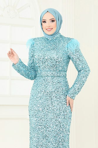 moda selvim Evening Dress 4762D170 Turquoise - Thumbnail