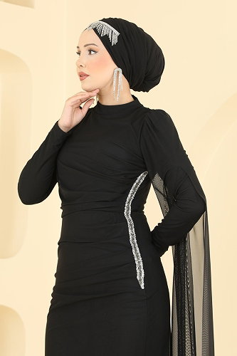 moda selvim Evening Dress 4786ALG474 Black - Thumbnail