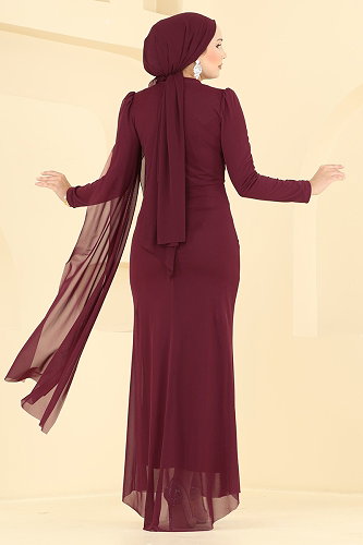 moda selvim Evening Dress 4786ALG474 Burgundy - Thumbnail