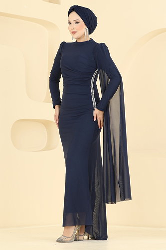 moda selvim Evening Dress 4786ALG474 Navy Blue - Thumbnail