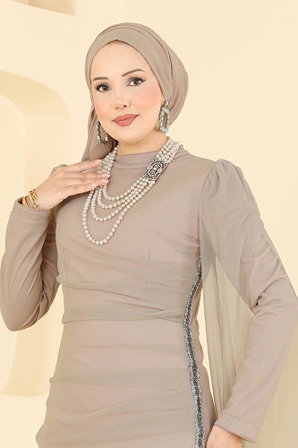 moda selvim فستان سهرة بيج 4786ALG474 - Thumbnail