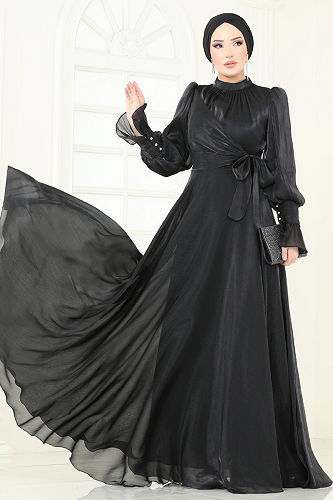 moda selvim Evening Dress 4805D170 Black - Thumbnail