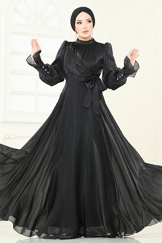 moda selvim Evening Dress 4805D170 Black - Thumbnail