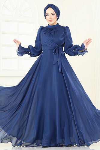 moda selvim Evening Dress 4805D170 Indigo - Thumbnail