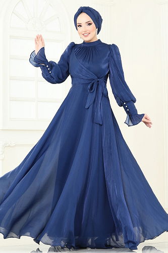 moda selvim Evening Dress 4805D170 Indigo - Thumbnail
