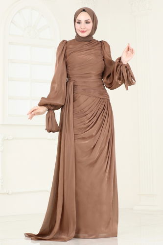 moda selvim Evening Dress 4849D170 Brown - Thumbnail