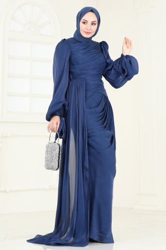 moda selvim Evening Dress 4849D170 Indigo - Thumbnail