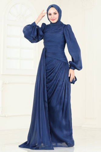 moda selvim Evening Dress 4849D170 Indigo - Thumbnail