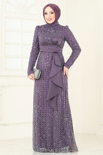 moda selvim Evening Dress 4884D170 Dark Lilac - Thumbnail