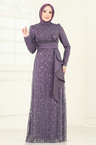 moda selvim Evening Dress 4884D170 Dark Lilac - Thumbnail