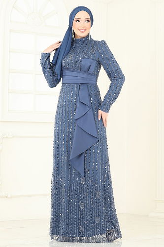 moda selvim Evening Dress 4884D170 Indigo - Thumbnail