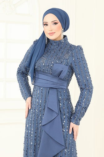 moda selvim Evening Dress 4884D170 Indigo - Thumbnail