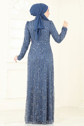 moda selvim Evening Dress 4884D170 Indigo - Thumbnail