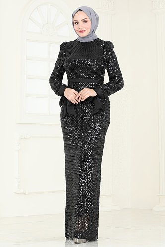 moda selvim Evening Dress 4886D170 Black - Thumbnail