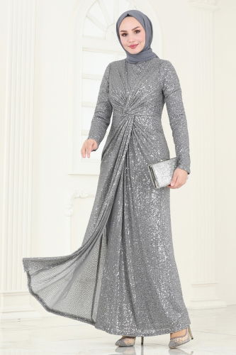 moda selvim Evening Dress 4890D170 Gray - Thumbnail