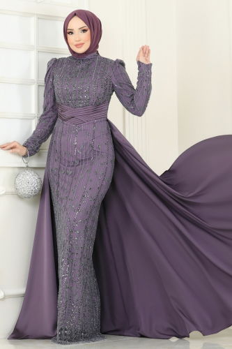 moda selvim Evening Dress 4909D170 Dark Lilac - Thumbnail