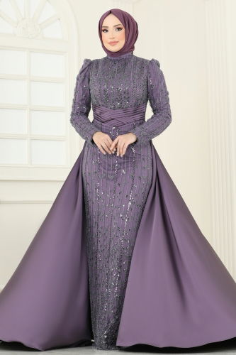 moda selvim Evening Dress 4909D170 Dark Lilac - Thumbnail