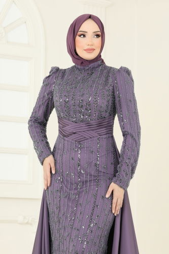 moda selvim Evening Dress 4909D170 Dark Lilac - Thumbnail