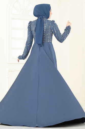 moda selvim Evening Dress 4909D170 Indigo - Thumbnail
