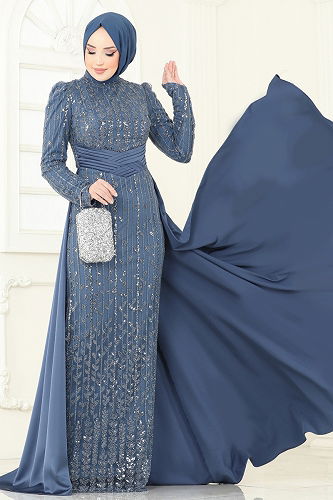 moda selvim Evening Dress 4909D170 Indigo - Thumbnail